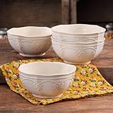 The Pioneer Woman Farmhouse Lace Bowl Set, 4-Pack LINEN | Antique Finish Durable Stoneware Lace Bowl Set, 4-Pack - LINEN