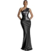 jdoiweidm Mermaid Sequin Prom Dress 2026 Sparkly One Shoulder Ball Gown Satin Formal Evening Dress