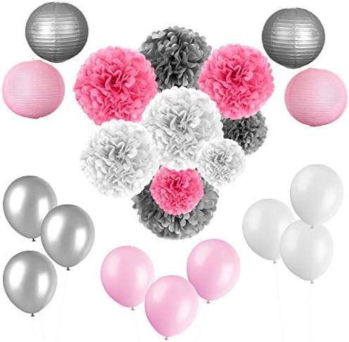Pink and Silver Party Decoration - Baby Shower And Birthday Decorations for Girls and Women - 22 Pcs Tissue Flowers Pom Poms Paper Lanterns Baloons - Teen, 1st Birthday, Kids Birthday Party Supplies