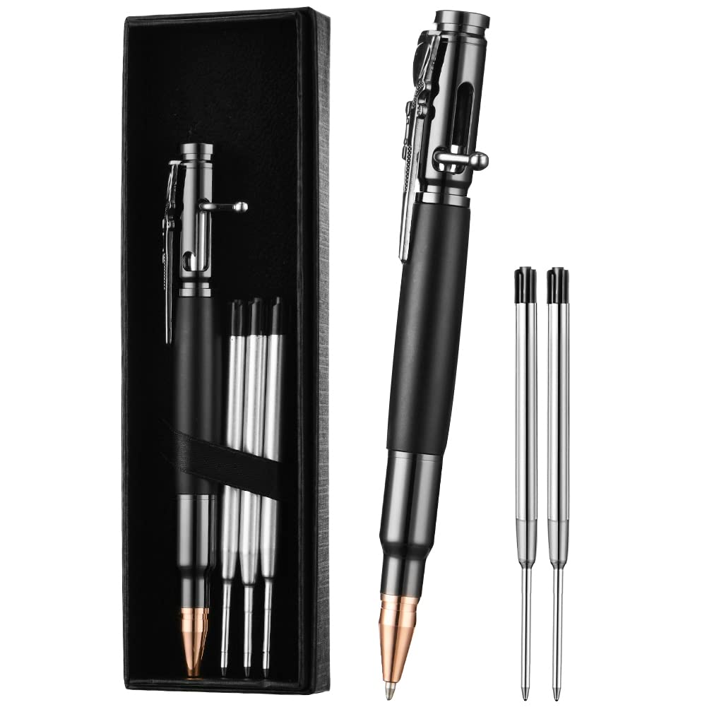 AUAUY Bolt Action Pen with Gift Case, Retractable Lightweight Metal Pen, Ballpoint Pen with 5 Extra Refills, Ink Refillable Office School Gift for Students Dad Colleague Boyfriend Husband (Black)