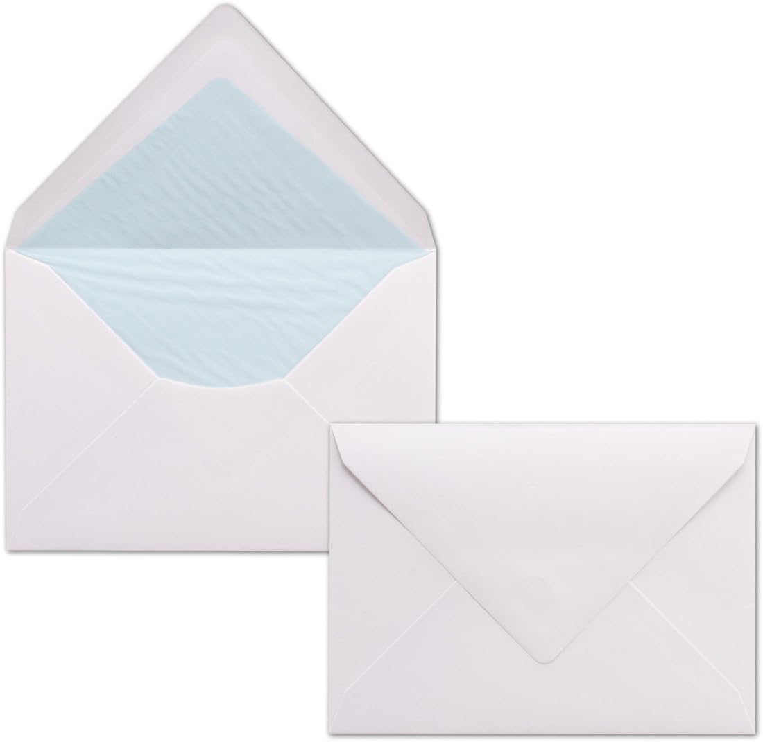 50 x Envelopes  White  DIN C6 Lined with  Tissue   Paper  in Light Blue 100 g/m² 11.4 x 16.2 cm with  Wet  Adhesive without Window
