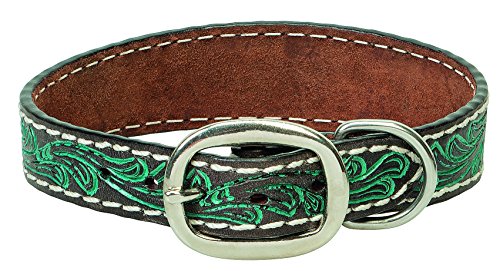 Weaver Leather Carved Flower Dog Collar, 1" by 19", Turquoise