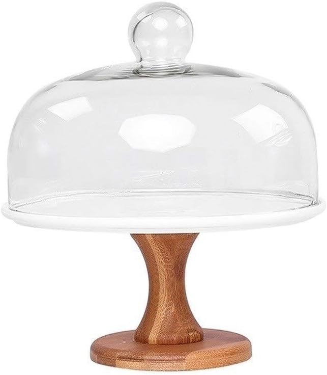 PETAAA Party Pastry Trays, Ceramic Cake Plate With Wooden Base Wedding Dessert Table Glass Sandwich Dust Cover Fruit Pudding Dome 24/26CM (Size : 24 * 24 * 26CM)