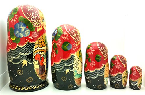 Tsar Saltan fairy tale by Pushkin Russian Nesting doll Hand Carved Hand Painted 5 piece Set 7" tall