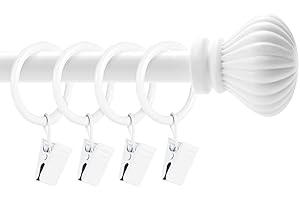 TiMi Pumpkin Decorative Window Curtain Rod 5/8 Inch and 24 Curtain Rings with Clips Set, 84 to 120-Inch, Glossy White
