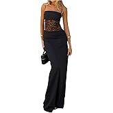 GORGLITTER Women's Lace Bodycon Maxi Dresses Sexy Prom Formal Mesh Sheer Cut Out Long Cocktail Dresses Wedding Guest