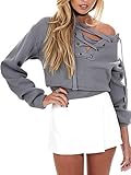 Simplee Apparel Women's Lace Up Drop Shoulder Ribbed Knitted Crop Sweatshirt Pullover Sweater