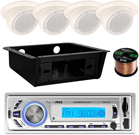 Pyle Bluetooth Marine USB/SD/MP3 Receiver Head Unit, 4X Magnadyne 3" Tan Ceiling Mount Speakers, Metra Dash Install Kit, Enrock 16-Gauge 50 Foot Speaker Wire