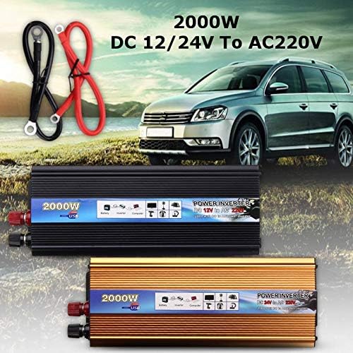 2000W 12/24V DC To 220V AC Solar Power Inverter Car Modified Sine Wave Converter USB With Adapter Wire (Color:gold/black)
