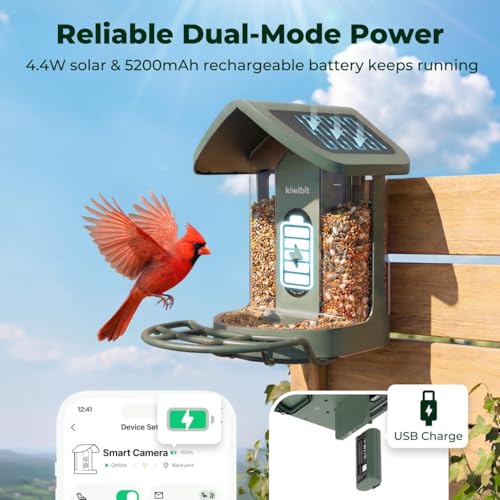 Kiwibit Solar Smart Bird Feeder with Camera, AI Bird Species Identification, 8MP Photos, 4K UHD Video Live Stream Wild Bird House Feeders for Outdoors, Birdwatching Gifts for Bird Lovers, Green