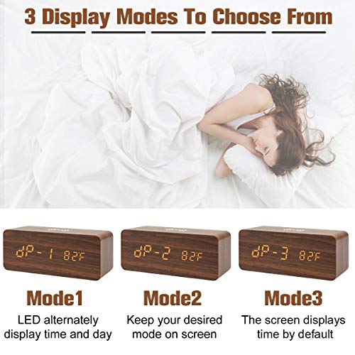 Digital Alarm Clock with Wireless Charging, LED Wood Large Display, Loud Alarm Clock for Heavy Sleepers, with USB Port, 3 Alarm Settings, Date and Temperature Displays, for Bedroom, Bedside