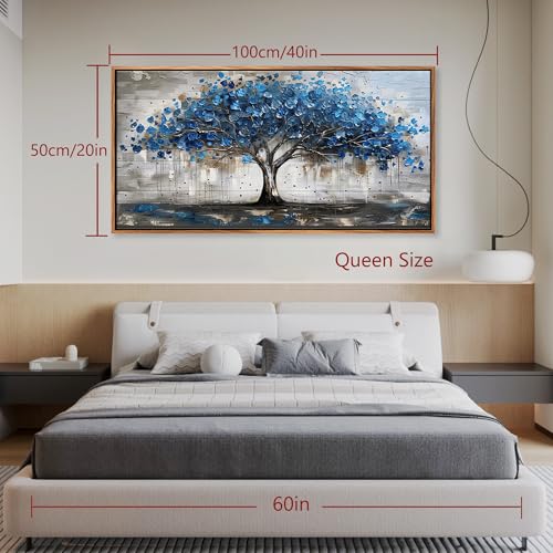 MHARTK66 Modern Living Room Decoration Pictures with Wooden Frame, 50 x 100 cm Large Decorative Sheets Wall Bedrooms, Decorative Canvases Wall Tree of Life Blue, Wall Art Dining Hallway Bathroom