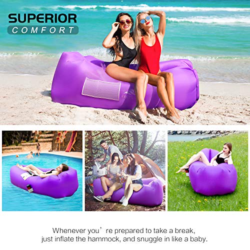 FRETREE Inflatable Lounger Air Sofa Hammock - Portable Anti-Air Leaking & Waterproof Pouch Couch and Beach Chair Camping Accessories for Parties, Travel, Camping, Picnics, Pool, Large, Purple