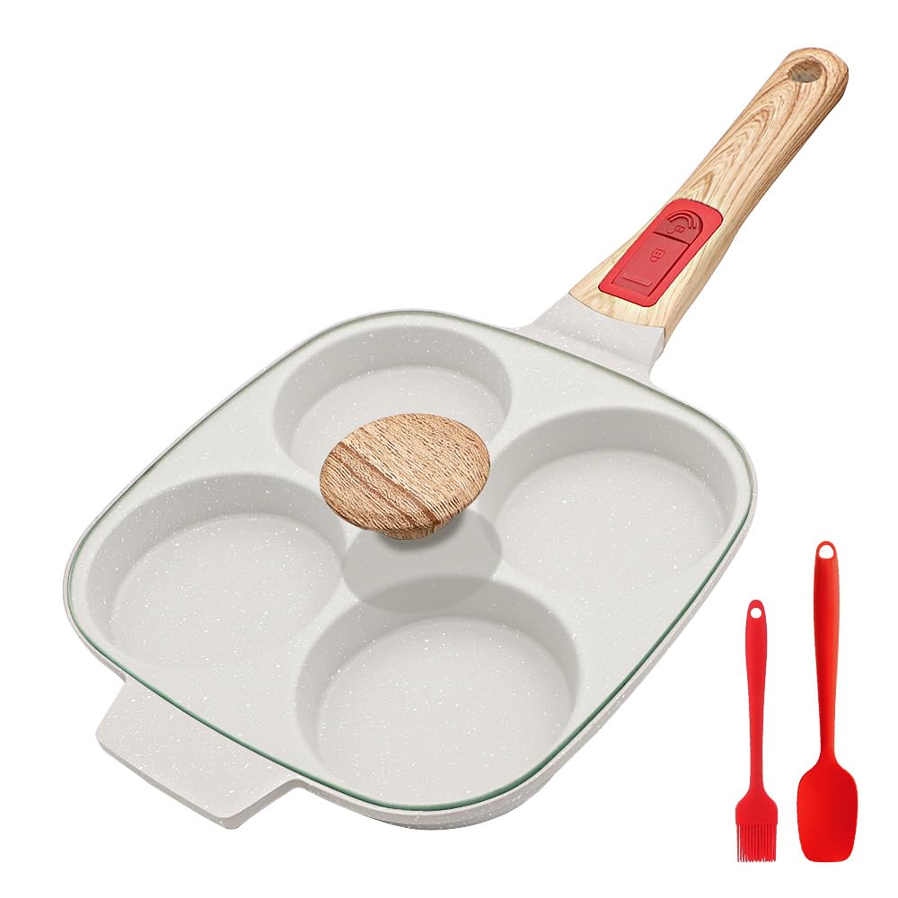 Bobikuke Egg Pan with Detachable Handle, Non Stick 4 Cup Pancake Pan with Lid Induction Burger Pan for Breakfast - White
