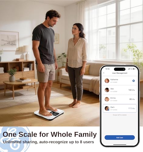 GE Smart Scale for Body Weight: Body Fat, BMI, Digital Bathroom Scale - 14 Body Composition Analyzer Health Monitor, Highly Accurate Bluetooth Weighing Scale with App 400 lb, 11 Inch