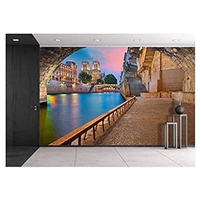 Paris. Image of The Notre-Dame Cathedral and Riverside of Seine River in Paris, France - Removable Wall Mural | Self-Adhesive Large Wallpaper - 66x96 inches