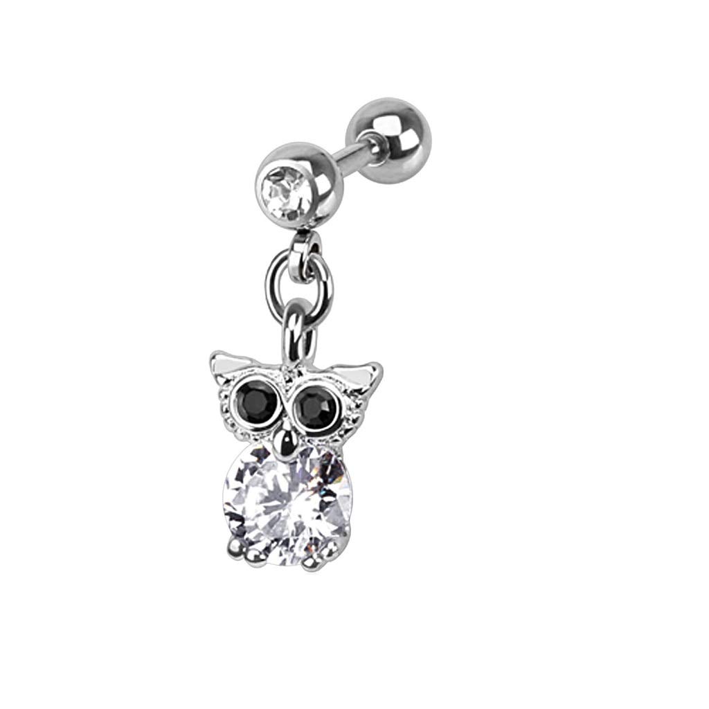 PiercedOff 316L Surgical Steel Externally Threaded 1.2mm Cartilage Barbell with Clear CZ Owl Dangle