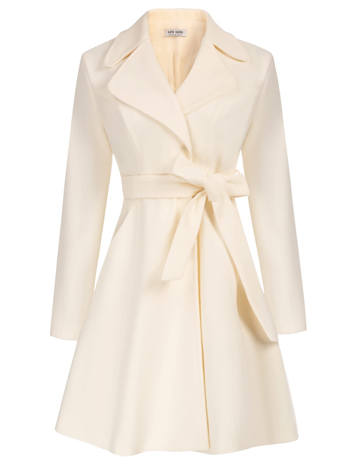 Photo 1 of Kate Kasin Womens Ivory White Formal Dress Coat With Belt Tie Fall Trench Coat Lapel Overcoat Outwear 2XL