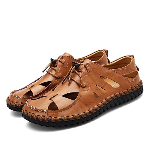 DeLamode Men Genuine Leather Hollow Sandals Breathable Non-slip Beach Shoes