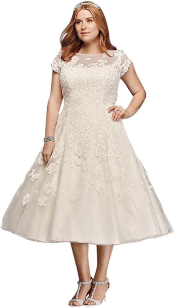 Plus Size Oleg Cassini Cap Sleeve Tea Length Wedding Dress