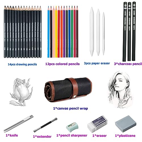 Sketch Pencil Set, 38pcs Art Supplies with Sketching Drawing Pencils, Oil Colored Pencils, Charcoal Pencils, Canvas Pencil Wrap for Artists Adults Kids Beginners