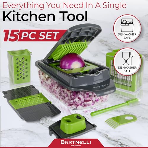 Bartnelli Cortador de vegetais Pro | 15 peças de utensílios de cozinha multifuncionais para cebola, vegetais, ralador de queijo, cortador de legumes com recipiente grande, fácil de limpar, com escova e garfo bônus
