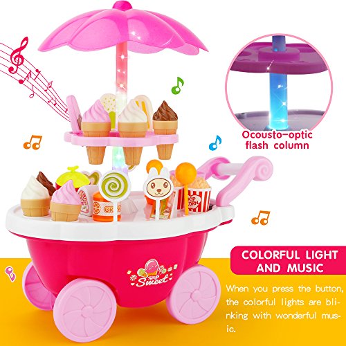 Sotodik 39PCS Ice Cream Candy Cart 39 PCS Pretend Play Food Dessert and Cash Trolley Set Toys with Music and Lighting Kids and Girls Toyselody For Girls and Kids - Thumbnail 3