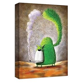 Canvas Wall Art Green Big Tail Cat Painting Artwork for Home Prints Framed for Kids - 12x18 inches