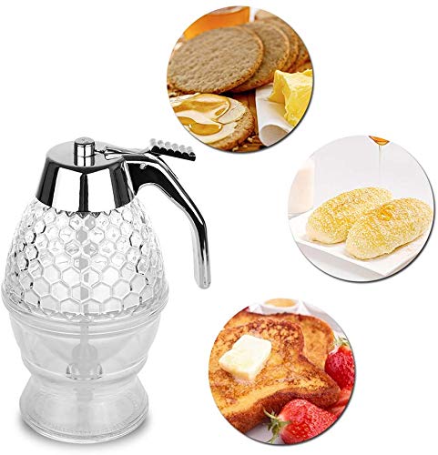 Duokon 200ML Home Honey Dispenser with Storage Stand, Plastic Acrylic Honey Storage Pot Vintage Container Syrup Dispenser, No Drip, Moderate
