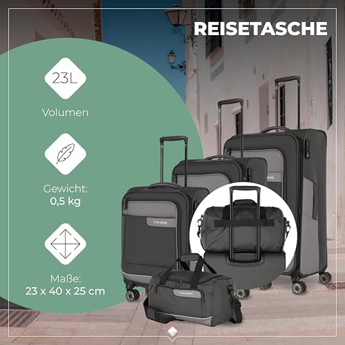 4-Rad Koffer Set Weichschale aus recyceltem Material, Größen L/M/S + Reisetasche, Gepäck Serie VIIA: Trolley Set mit Handgepäck im IATA Bordgepäck Maß