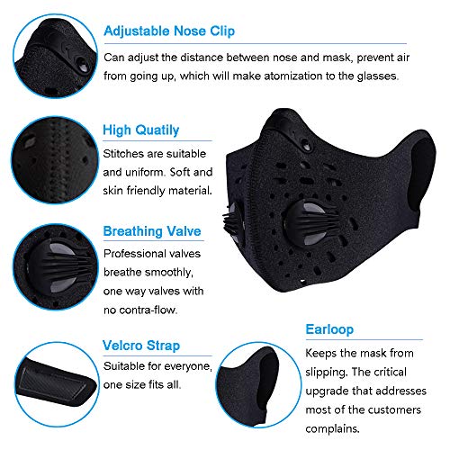Dust Mask Anti Pollution Respirator PM2.5 Dustproof Safety Mask Washable and Reusable with 8 Carbon N99 Filters for Pollen Allergy Woodworking Mowing Running Outdoor Activities, 2 Packs (Black)
