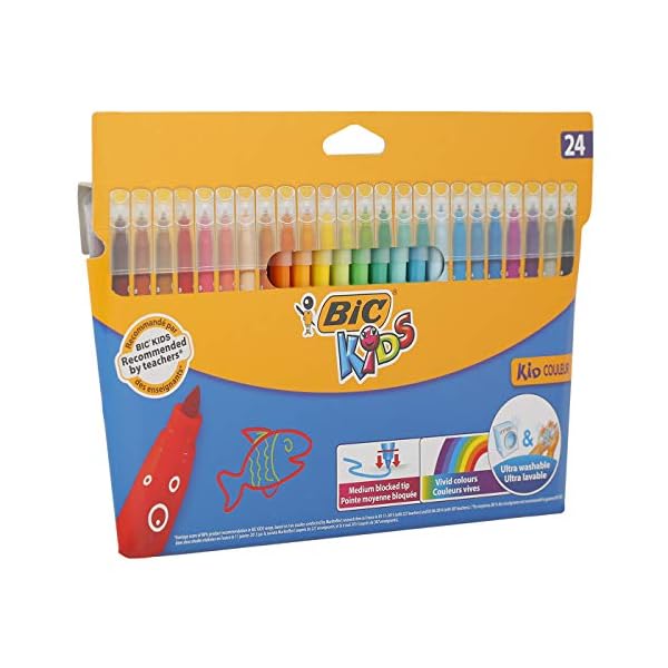 BIC-Kids-Kid-Couleur-Felt-Tip-Colouring-Pens-Ultra-Washable-Assorted-Colours-Cardboard-Wallet-of-24-Pack-of-24 BIC Kids Kid Couleur, Washable Felt Tip Pens, Ideal for School, Assorted Colouring Pens, 24 Count (Pack of 1)