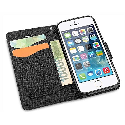 iPhone SE Case, iPhone 5S Case, IPHOX Magnetized Closure Card Slots Money Pouch, Retro Leather Wallet Case Purse Protective Cover Stand Feature Flip Book Case for iPhone 5s/5/SE (Black) - Thumbnail 6