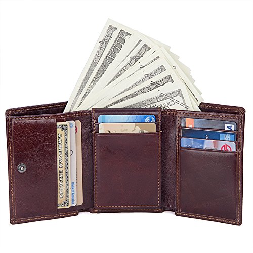 Mens Trifold Genuine Leather Wallet Vintage RFID Blocking Wallet