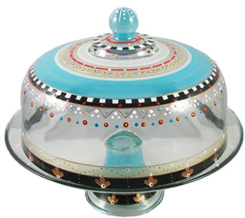 Golden Hill Studio Hand Painted Cake Stand with Cover - Moroccan Mosaic Carnival Collection - Hand Painted Glassware by USA Artists - Unique and Decorative Cake Dome, Kitchen Table Décor