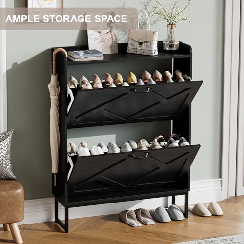 Nicetree Shoe Cabinet with 2 Flip Drawers, Narrow Shoe Storage Cabinet with Metal Legs, Freestanding Slim Shoe Organizer Cabinet for Entryway, Hallway, Foyer, Black