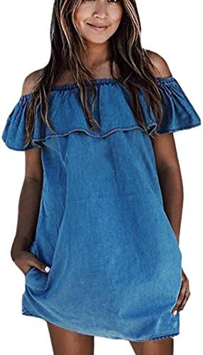 Women's Jean Legging Off Shoulder Ruffle Mini Dress