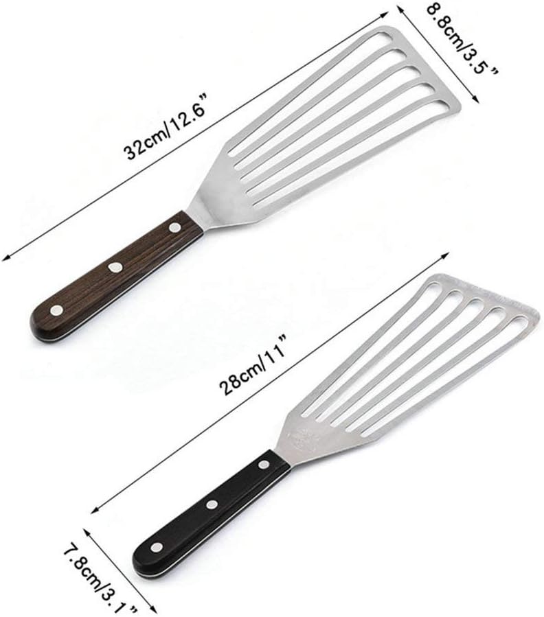 GuDoQi Fish Slice Set, 2 Pieces (32cm & 28cm), Professional Pancake spatula, Wooden Handle, Stainless Steel Fish Slice - Image 3