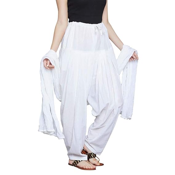 Women's Cotton Traditional Semi Patiala Salwar with Dupatta (Off-White, Free Size)