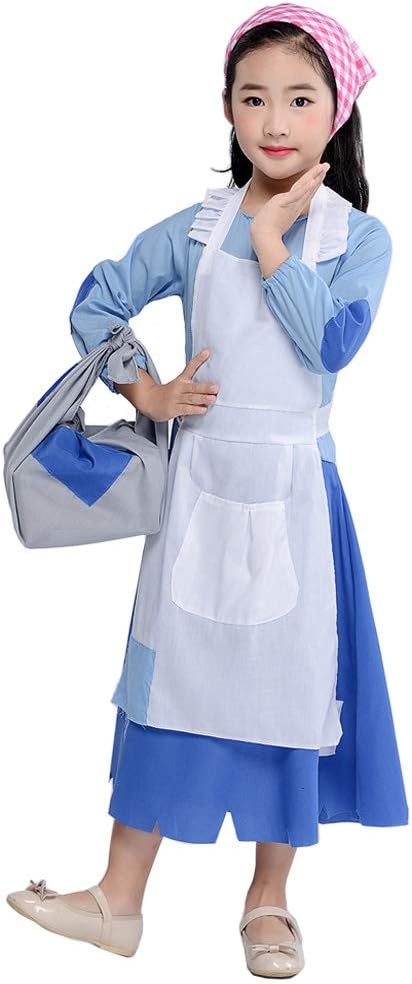 Poor Colonial Girl Child Costume Pioneer Pilgrim Maid Dress Accessories Outfit (Blue, XXXL)
