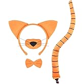 KINTOMG 4 PCS Cat Costume Accessory Set-Orange Cat Ears Headband, Nose, Bowtie and Striped Tail for Halloween Christmas Festival Theme Party Cosplay