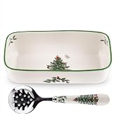 Spode Christmas Tree Cranberry Dish with Slotted Spoon, Set of 2 | 8" x 4.25" Rectangular Porcelain Dish with Stainless Steel Spoon for Sauces, Chutneys &amp; Dips, Microwave &amp; Dishwasher Safe