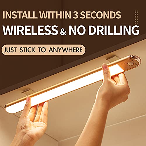 Under Cabinet Lighting Wireless Motion Sensor, LED Closet Lights Battery Operated, Stick-on Anywhere LED Under-Counter Light Fixture, Gold Closet Light for Kitchen USB 3 Colors Touch Control