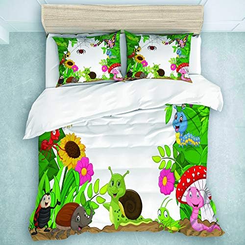 Mobeiti アウトレット 送料無料 布団カバー シングル 3点セット ハッピーリトルバタフライバグ昆虫コミックキャタピラードラゴンフライ ベッド用 掛け布団 洋式 カバー 枕 150 和式兼用シングル 210cm X