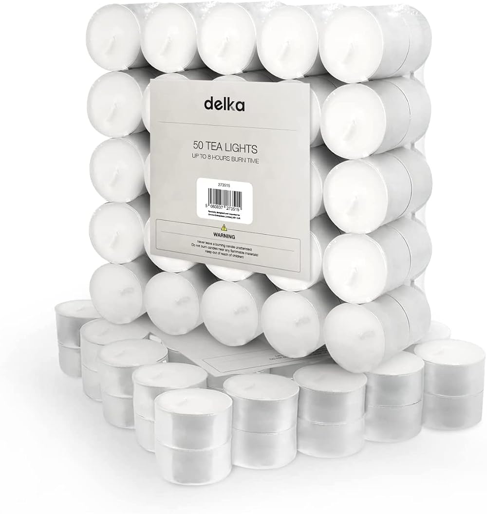 delka Unscented White Tea Lights 8-Hour Burn Time Pack of 50