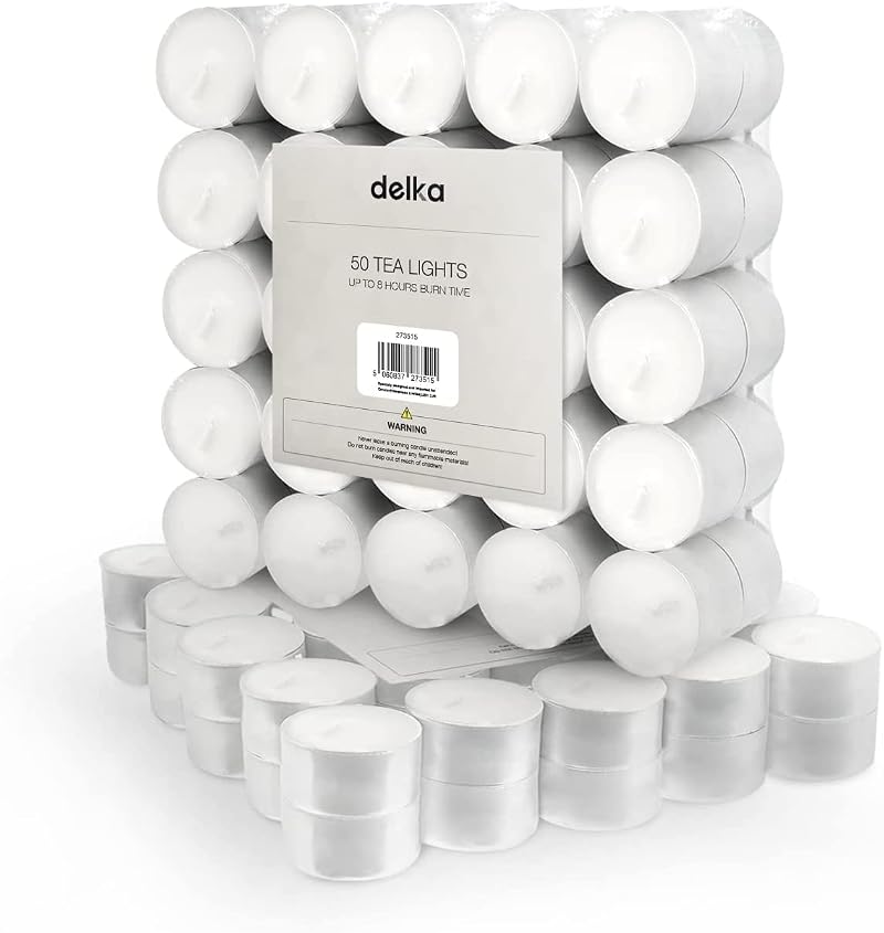 delka Unscented White Tea Lights 8-Hour Burn Time Pack of 50