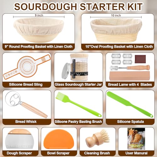 RIZENCE 21PCS Sourdough Starter Kit - Banneton Bread Proofing Basket Set, 9" Round & 10" Oval Proving Basket - 100% Natural Rattan - Complete Bread Making Accessories with Glass Sourdough Starter Jar