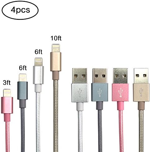 Lightning Cable, ZIKO 4 Pack 3FT 6FT 6FT 10FT Charging Cable USB Sync Cable Nylon Braided Cord to USB Charging for iPhone 7/7 Plus7/6/6 Plus/6s/6s Plus/5/5s/5c/SE/iPad Rose /Silver/Grey/Gold