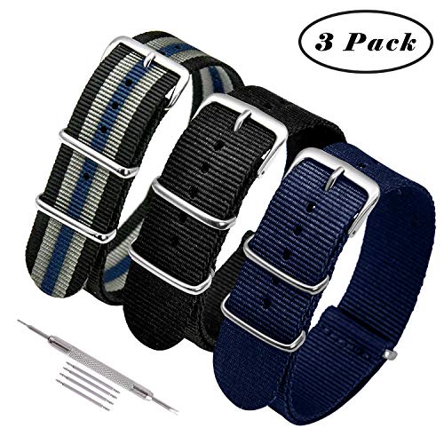 NATO Watch Straps 3 Pack Ballistic Nylon Replacement Watch Bands Military Canvas with Stainless Steel Buckle for Men Casual Classic Watches Accessories 20mm 22mm