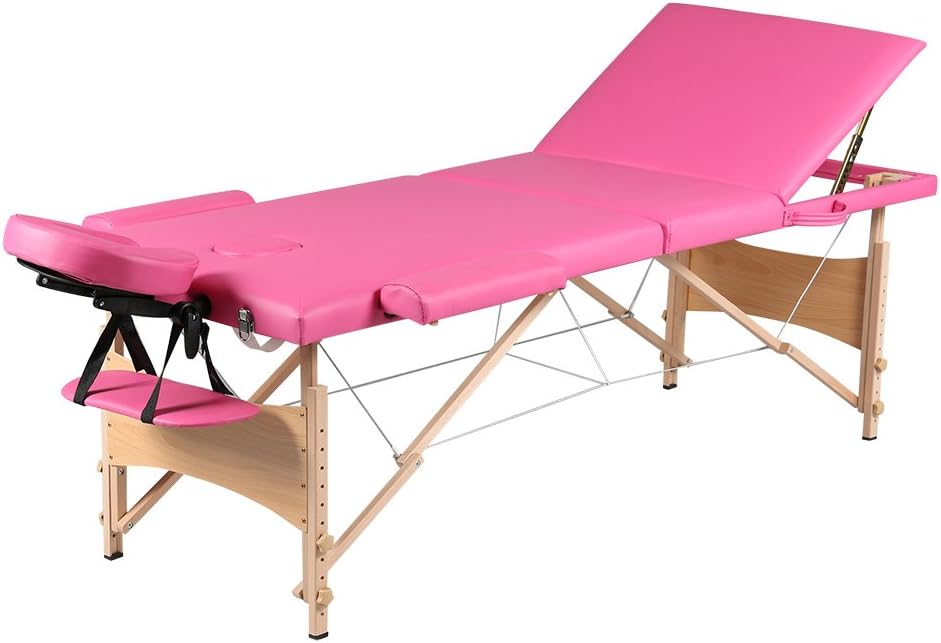 Tuff Concepts Lightweight Portable 3 Section Massage Table Beauty Therapy Couch Bed with Free Carry Bag (Pink, Wood)